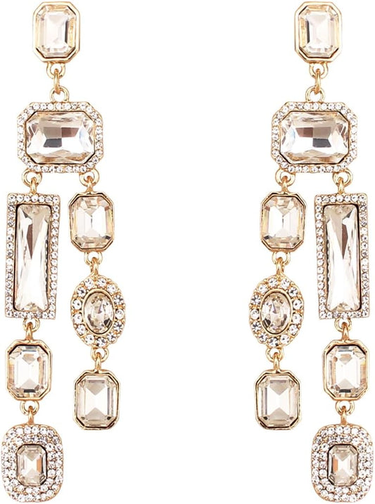 Vintage Rectangle Teardrop Chandelier Earrings, Art Deco Wedding Austrian Crystal Drop Dangle Earrings for Women Party Prom