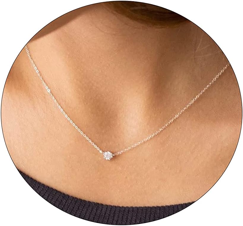 14K Gold Plated Solitaire Pendant Necklace - Round CZ Diamond Choker for Women