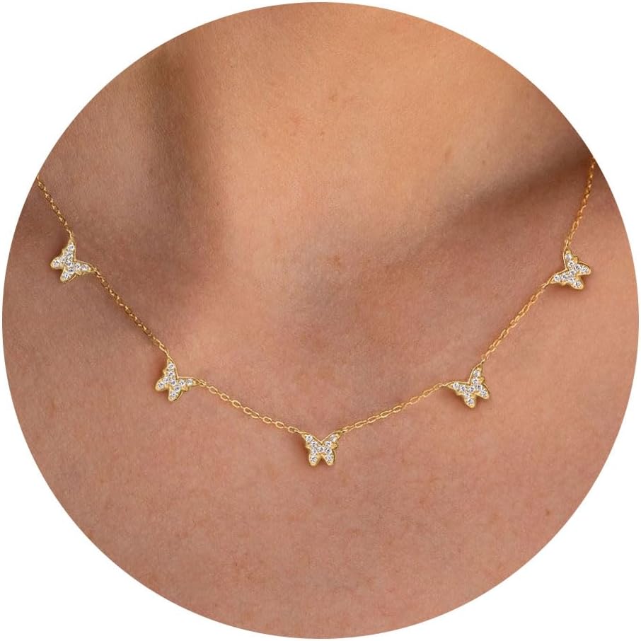 Diamond Necklaces for Women - 14K Dainty Necklace for Women Simple Five Diamond Flower Clover Butterfly Heart Star Necklace Trendy Gold Jewelry