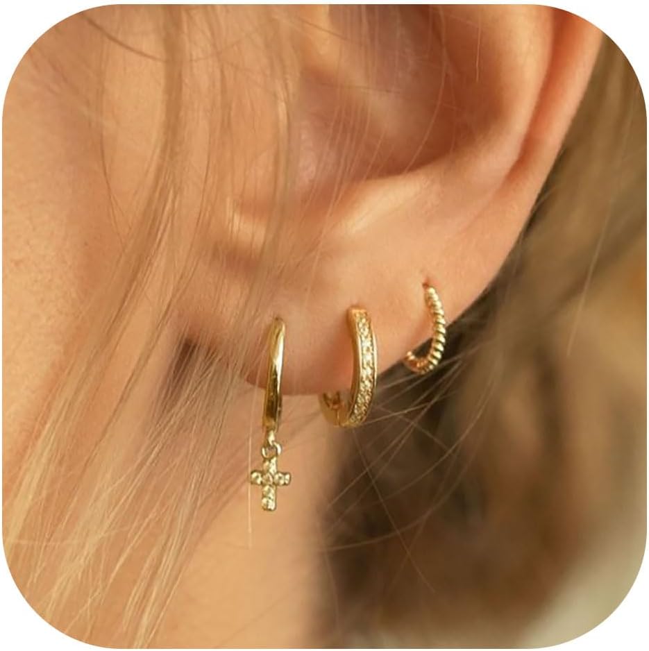 Gold Earrings for Women, 14k Gold Plated Dangle Huggie Earrings for Women Trendy Dainty Gold Hoop Earring Stacks