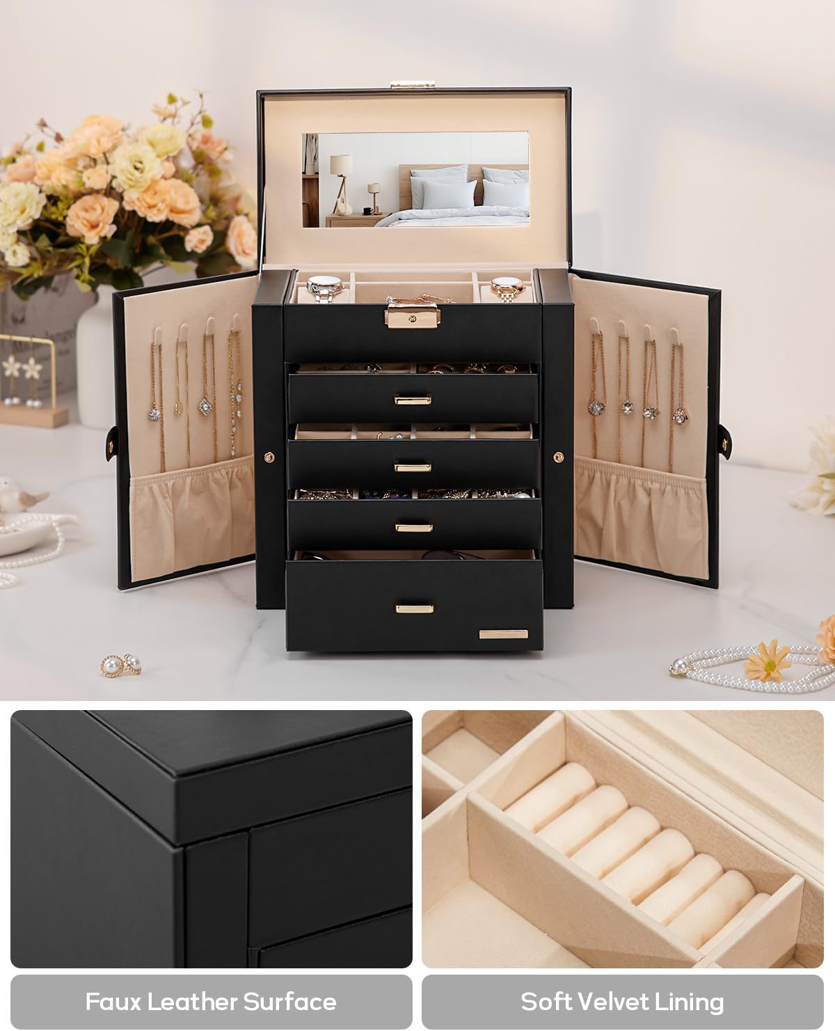 Synthetic Leather Huge Jewelry Box Mirrored Watch Organizer Necklace Ring Earring Storage Lockable