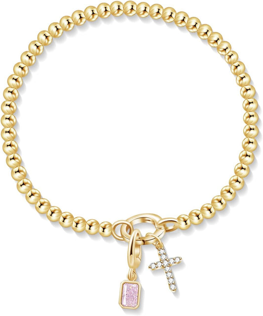 Free bird Cross Birthstone Bracelet | Dainty 14K Gold Plated Cross Charm Bracelet | Stretchable Elastic Gold Beaded Bracelet