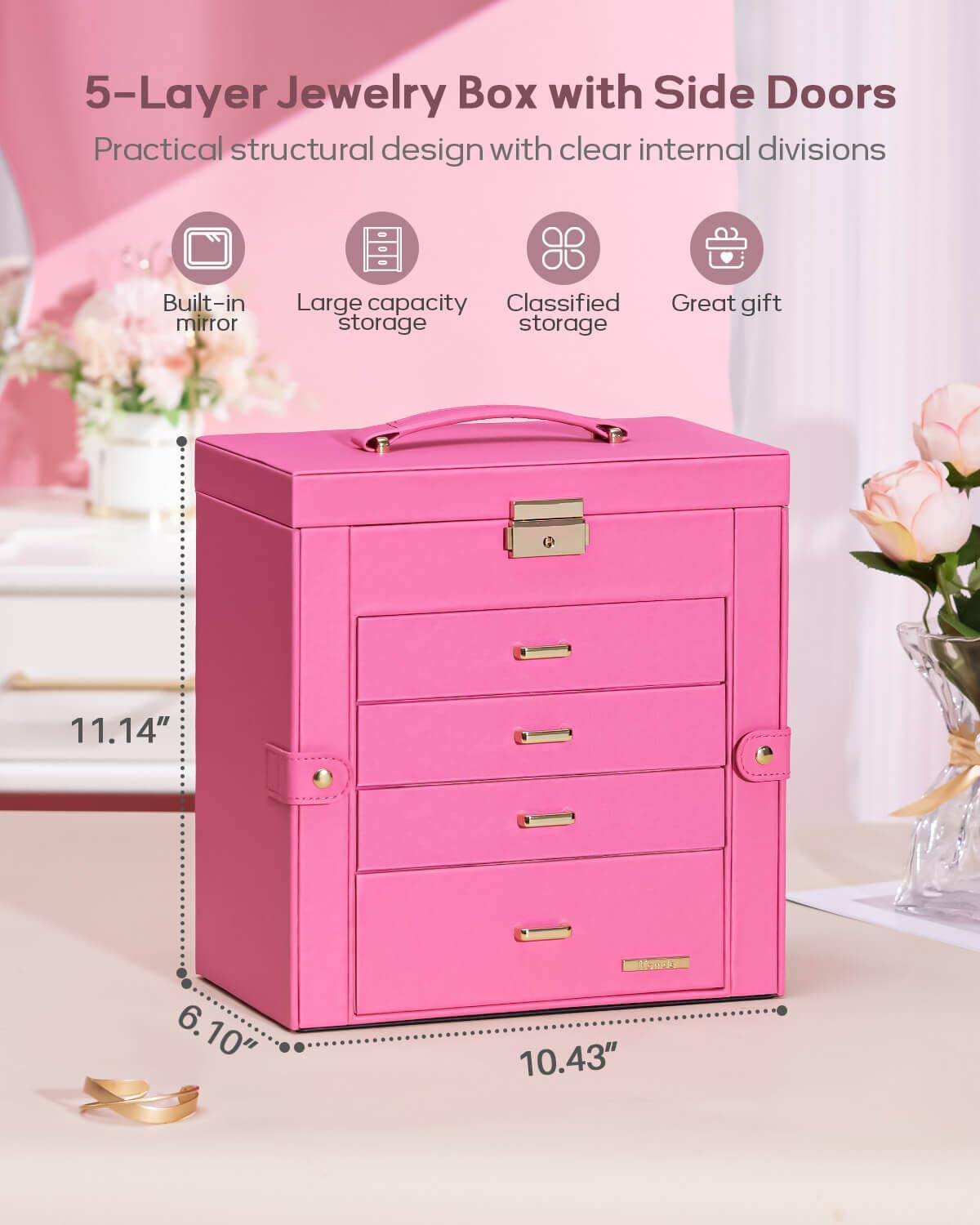 Synthetic Leather Huge Jewelry Box Mirrored Watch Organizer Necklace Ring Earring Storage Lockable
