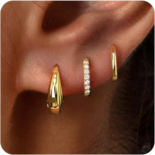 Small Sterling Silver Huggie Hoop Earrings Set for Women, 14K Gold Plated Hoops Stacks for Multiple Piercings