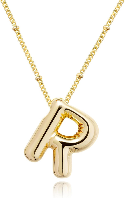 Bubble Initial Necklace; 14K Gold Plated Balloon Letter Pendant; Custom Name Jewelry; Trendy Chunky Gift for Women