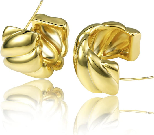 Chunky Gold Hoop Earrings for Women, 14k Gold Plated Thick Triple Hoop Earrings Hypoallergenic Trendy Chunky Gold Hoops
