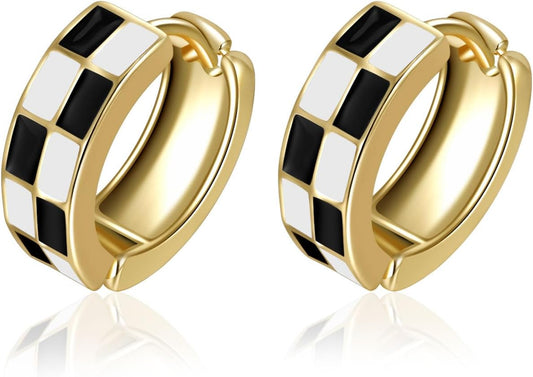 Small Hoop Cartilage Earrings Teacher Earrings for Women；White Black Enamel Hypoallergenic Hooped Gifts Gold and