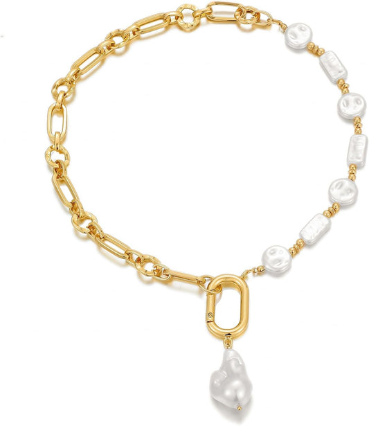 Statement Mixed Chain & Chunky Organic Pearl Choker Necklace for Women - Trendy Layered Jewelry
