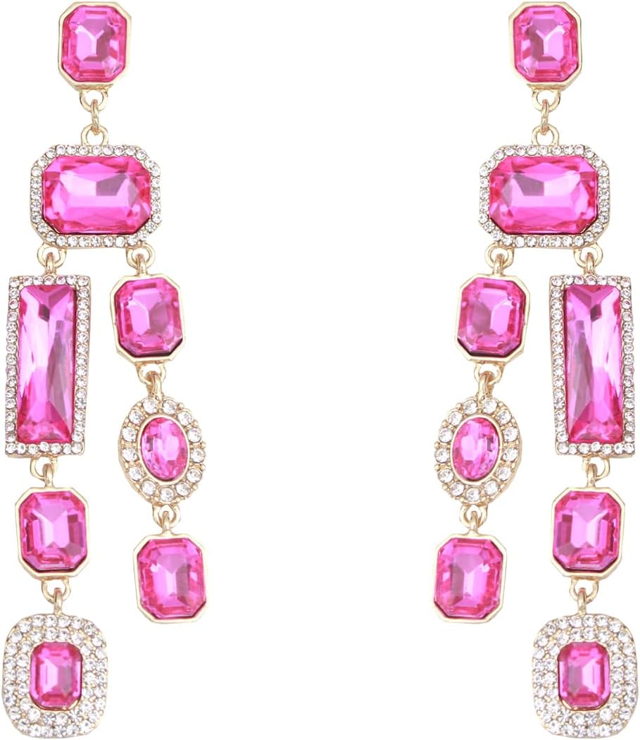 Vintage Rectangle Teardrop Chandelier Earrings, Art Deco Wedding Austrian Crystal Drop Dangle Earrings for Women Party Prom