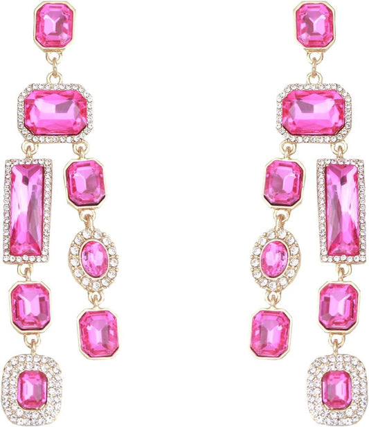 Vintage Rectangle Teardrop Chandelier Earrings, Art Deco Wedding Austrian Crystal Drop Dangle Earrings for Women Party Prom