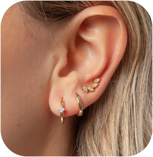 Freekiss 3 Pairs Gold Hoop Earrings Set: Dainty Stud Earrings Trendy Small 14K Gold Plated Hypoallergenic Dangle Cartilage
