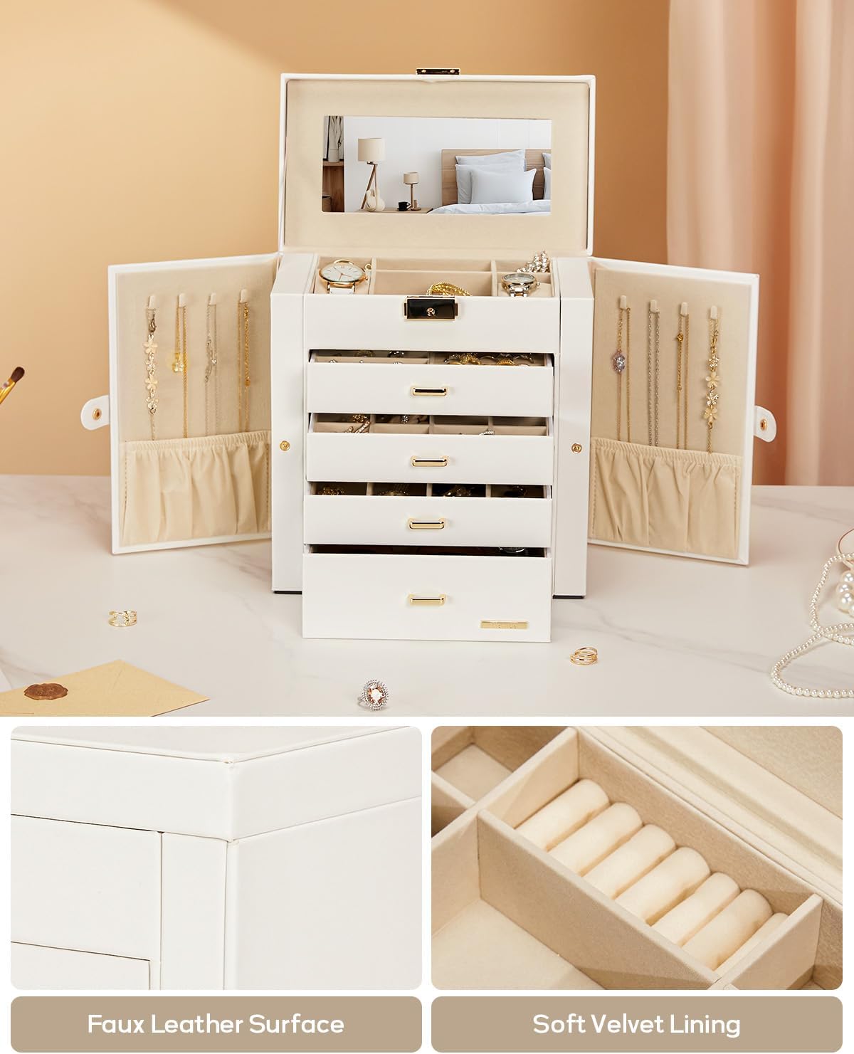 Synthetic Leather Huge Jewelry Box Mirrored Watch Organizer Necklace Ring Earring Storage Lockable