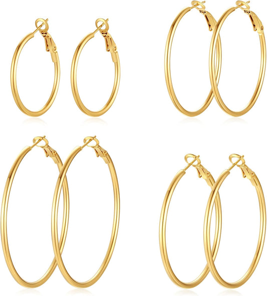 4 Pairs Silver Gold Hoop Earrings for Women | 14K Gold Plated Hoop Earrings Set Hypoallergenic Earring Lightweight