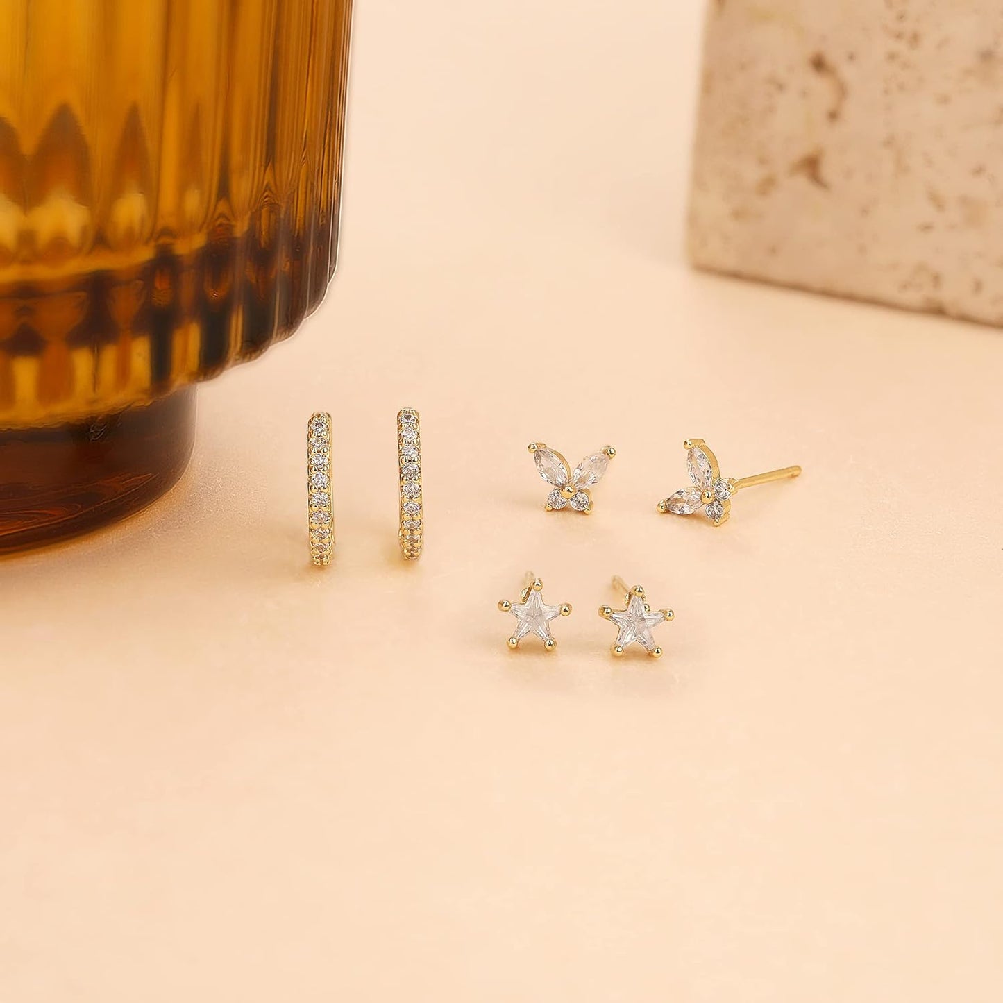 Freekiss 3 Pairs Gold Hoop Earrings Set: Dainty Stud Earrings Trendy Small 14K Gold Plated Hypoallergenic Dangle Cartilage