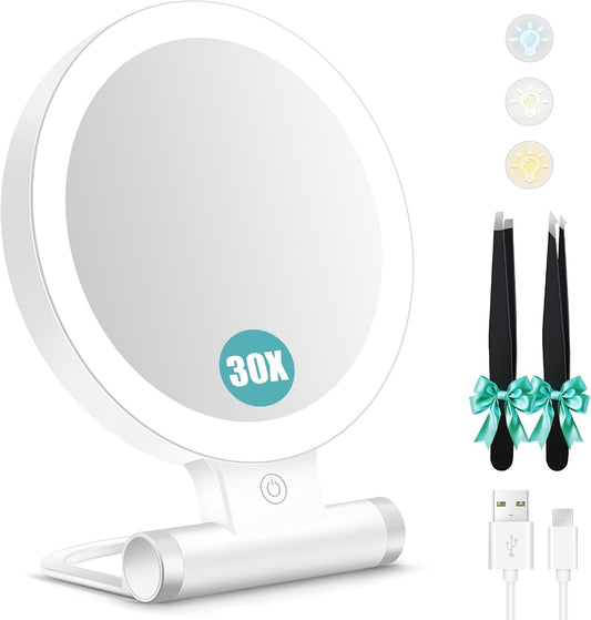 with Light, Double-Sided 1X/ 30X Magnifying Makeup Mirror with Tweezer，Foldable Travel Mirror