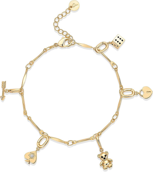 14K Gold Plated Adjustable Bracelet for Women | Twisted Bar & Paperclip Charm Chain Bracelets with Moon, Evil Eye