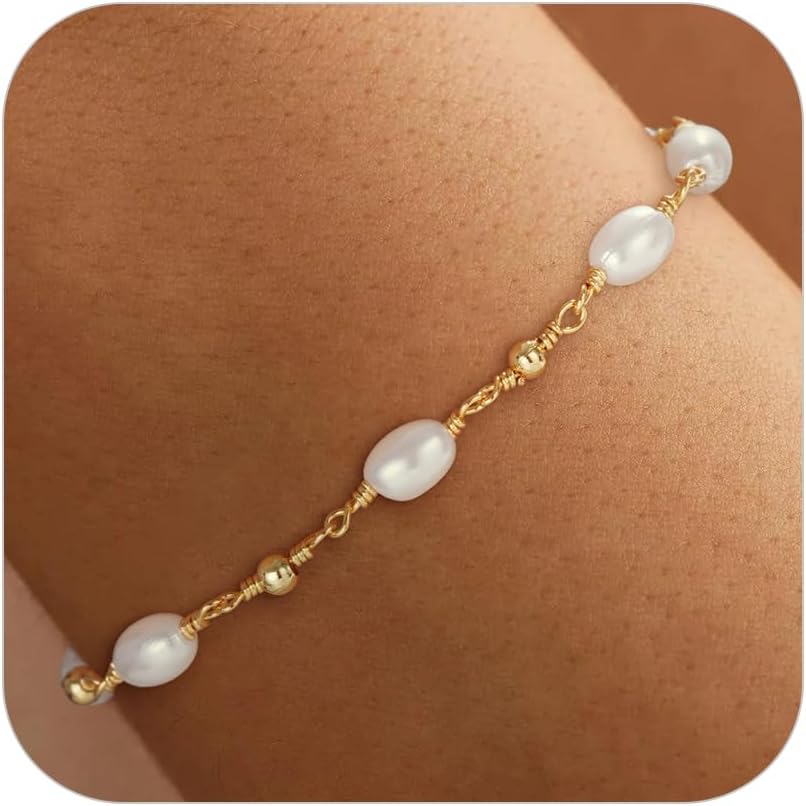 Gold Bracelets for Women Trendy, 14K Real Gold Plated Dainty Stackable Pearl Snake Chain CZ Heart Pendant Bracelets Adjustable 6"+2"