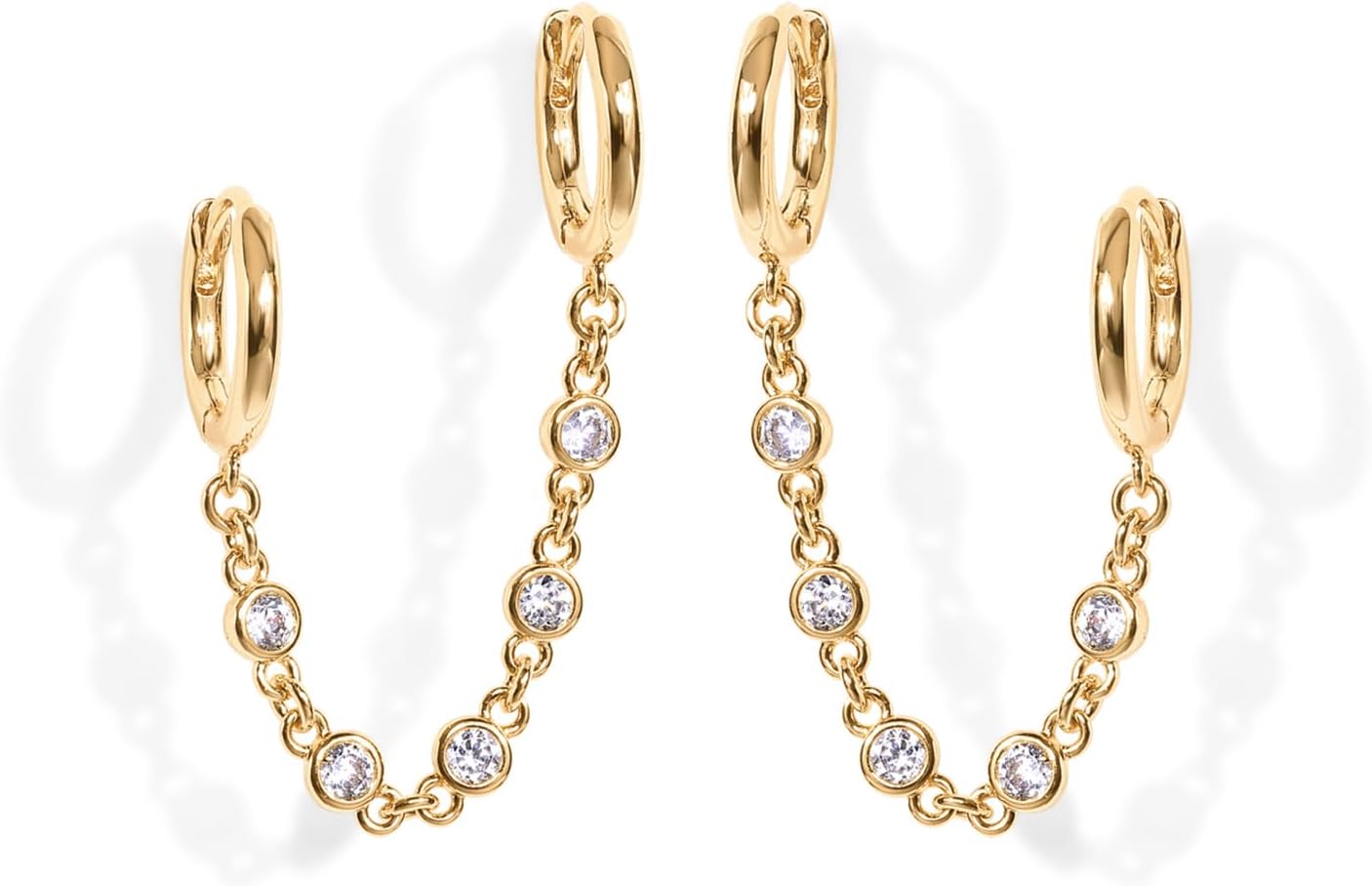 14K Gold Chain Earrings for Women | Double Piercing Dangle Chain Huggie Hoop Earrings | Cubic Zirconia Pearl Stud Ear Cuff Earrings for Women