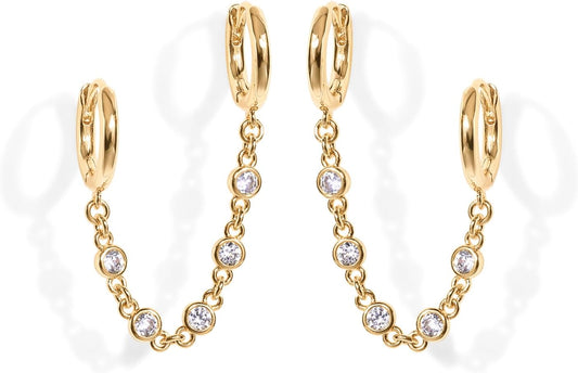 14K Gold Chain Earrings for Women | Double Piercing Dangle Chain Huggie Hoop Earrings | Cubic Zirconia Pearl Stud Ear Cuff Earrings for Women