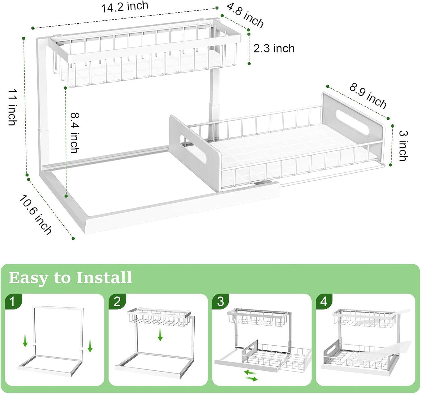 Under Sink Organizer, Pull Out Cabinet Organizer 2 Tier Slide Out Sink Shelf Cabinet Storage Shelves,2 Pack