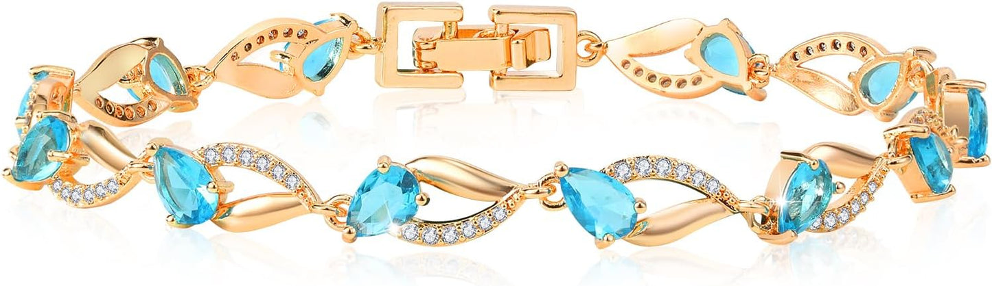 Eternity Bracelet Blue Cubic Zirconia, Sapphire Bracelet, 18K Gold Plated Hypoallergenic Bracelets -7.48inch/190mm