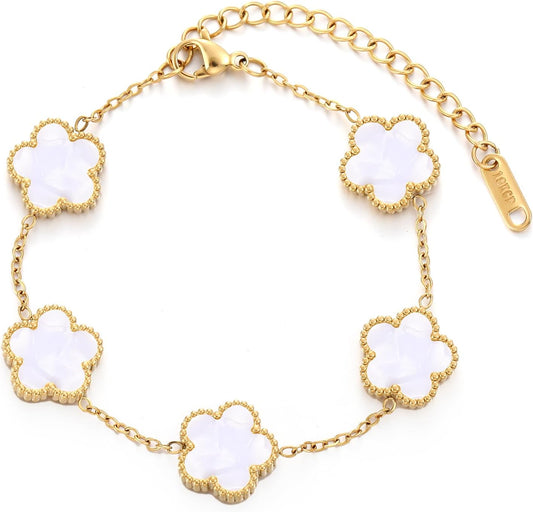 Four Leaf Clover Bracelet for Women 18K Gold Plated Stainless Steel Lucky 4 Leaf Gold Link Bracelet Jewelry Gift for Women
