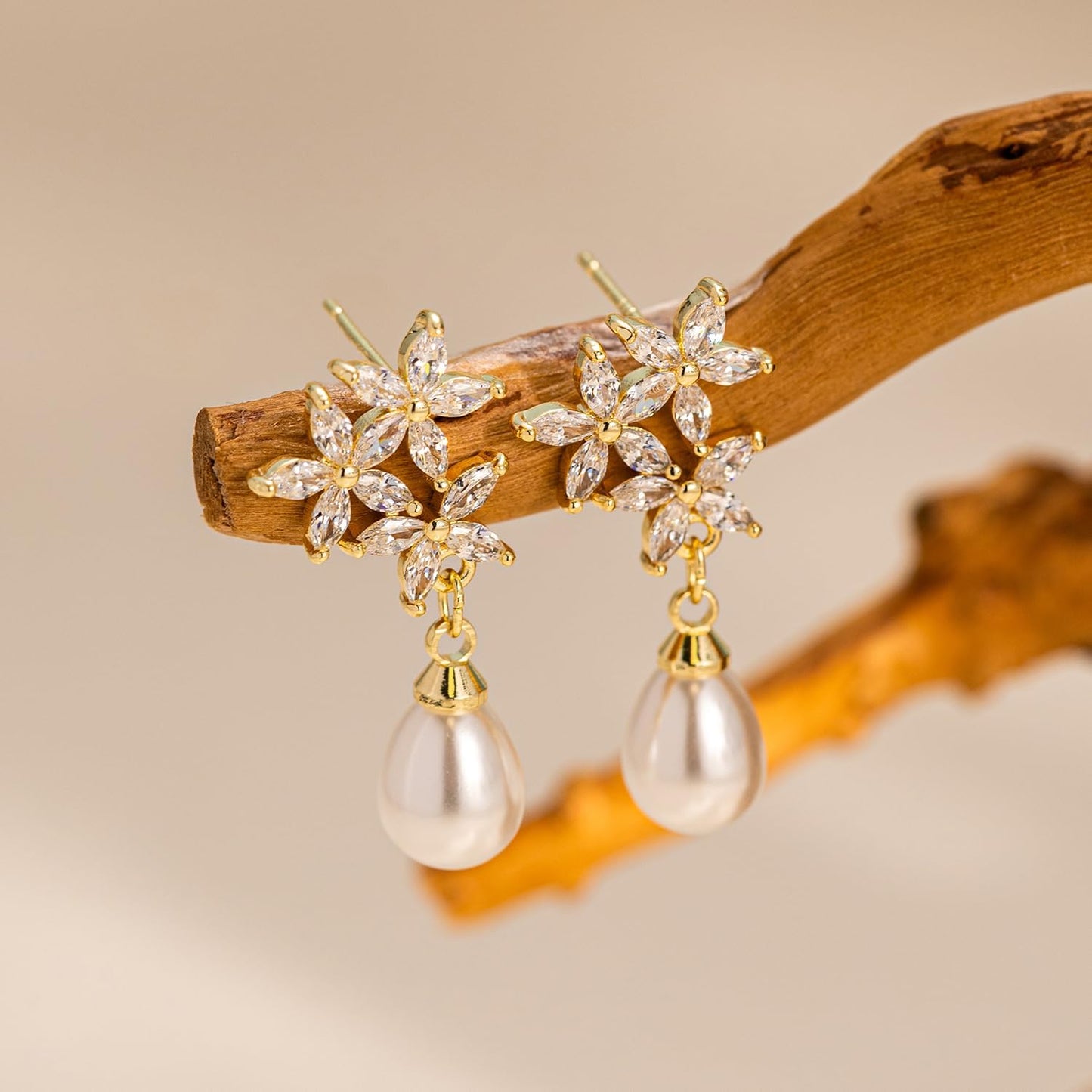 Pearl Earrings: 14k Gold-plated Cubic Zirconia Accented Pearl Drop Dangle Wedding Engagement Earrings For Women Bridal Bridesmaid