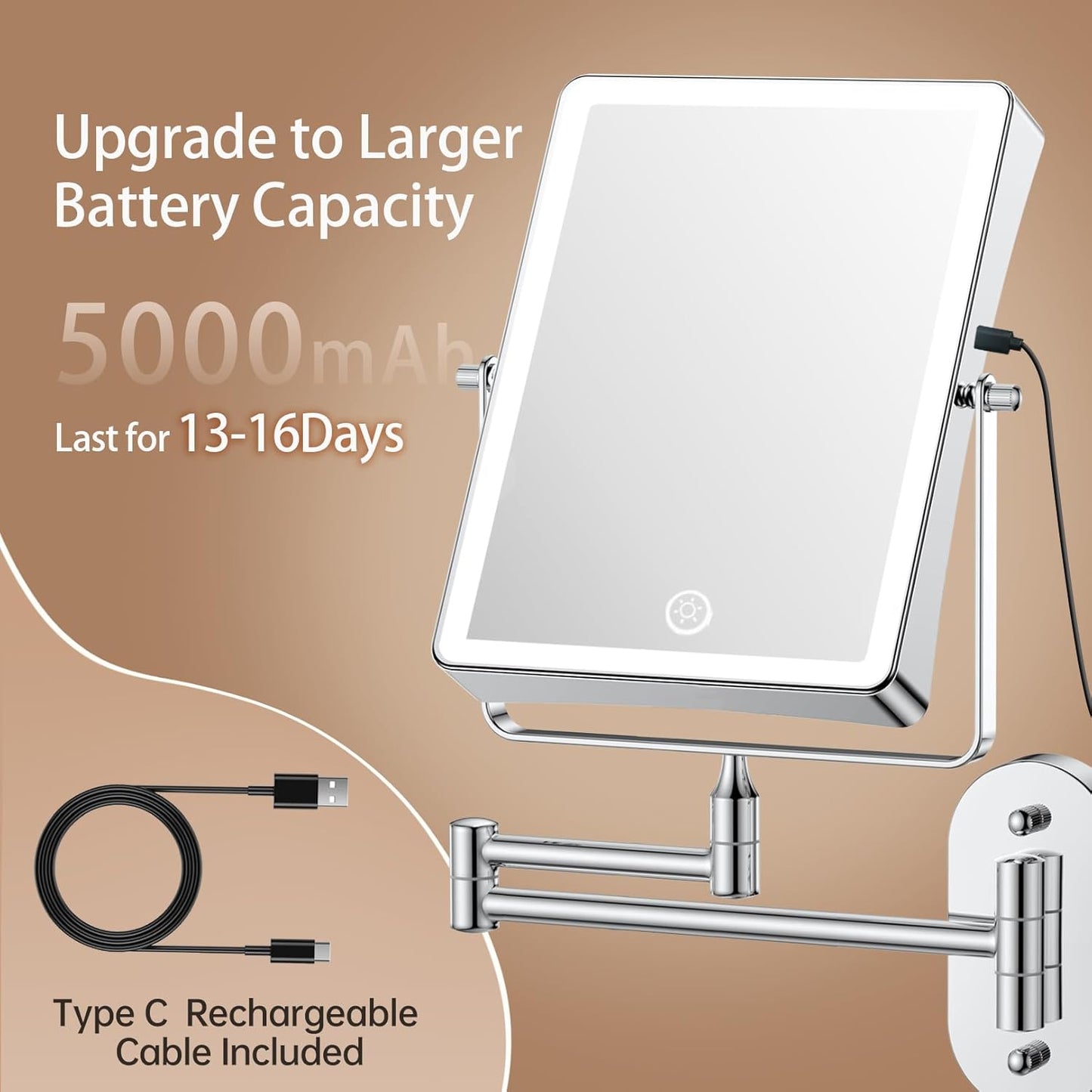 Rechargeable Wall Mounted Makeup Mirror, with Light  8.7" Double Sided Touch  1X/30X