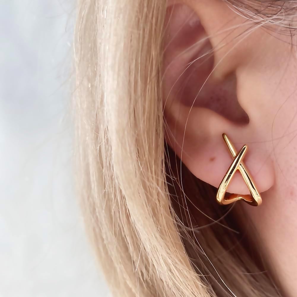 14K Gold Plated Triple Huggie Illusion Stud Earrings | Double Huggie Hoop Earrings for One Hole | Gold Hoop Earrings for Women