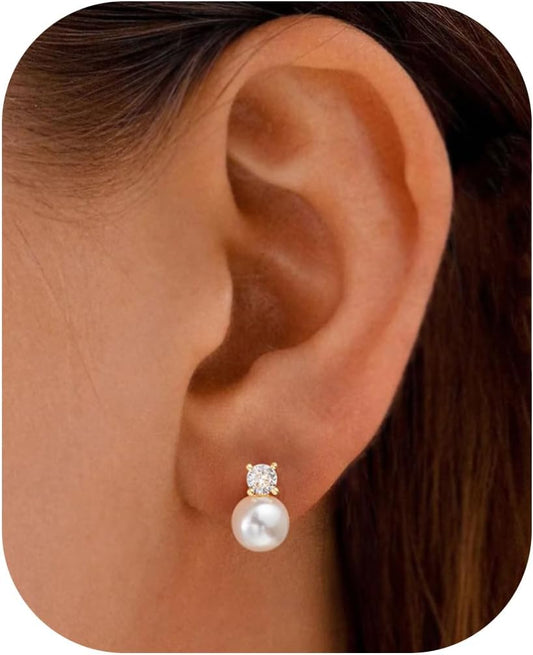 Pearl Earrings: 14k Gold-plated Cubic Zirconia Accented Pearl Drop Dangle Wedding Engagement Earrings For Women Bridal Bridesmaid