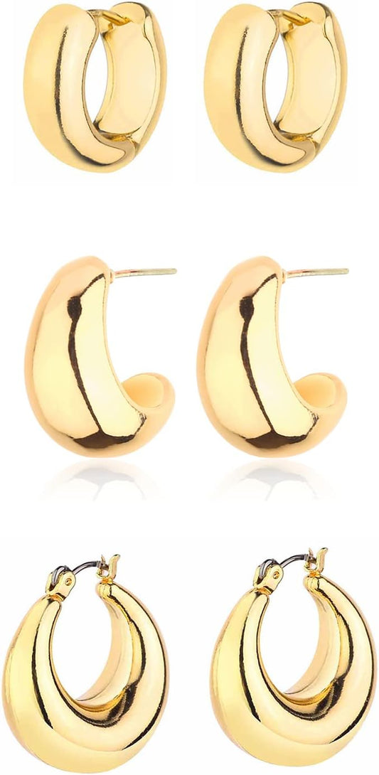 Gold Chunky Hoop Earrings Set for Women, 14K Gold Plated Twisted Huggie Hoop Earring, Thick Open Hoops Set Lightweight