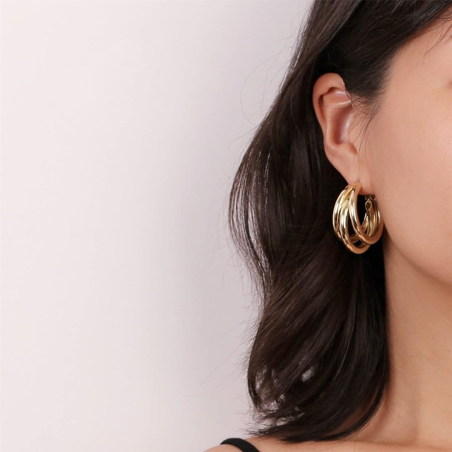 Chunky Gold Hoop Earrings for Women, 14k Gold Plated Thick Triple Hoop Earrings Hypoallergenic Trendy Chunky Gold Hoops