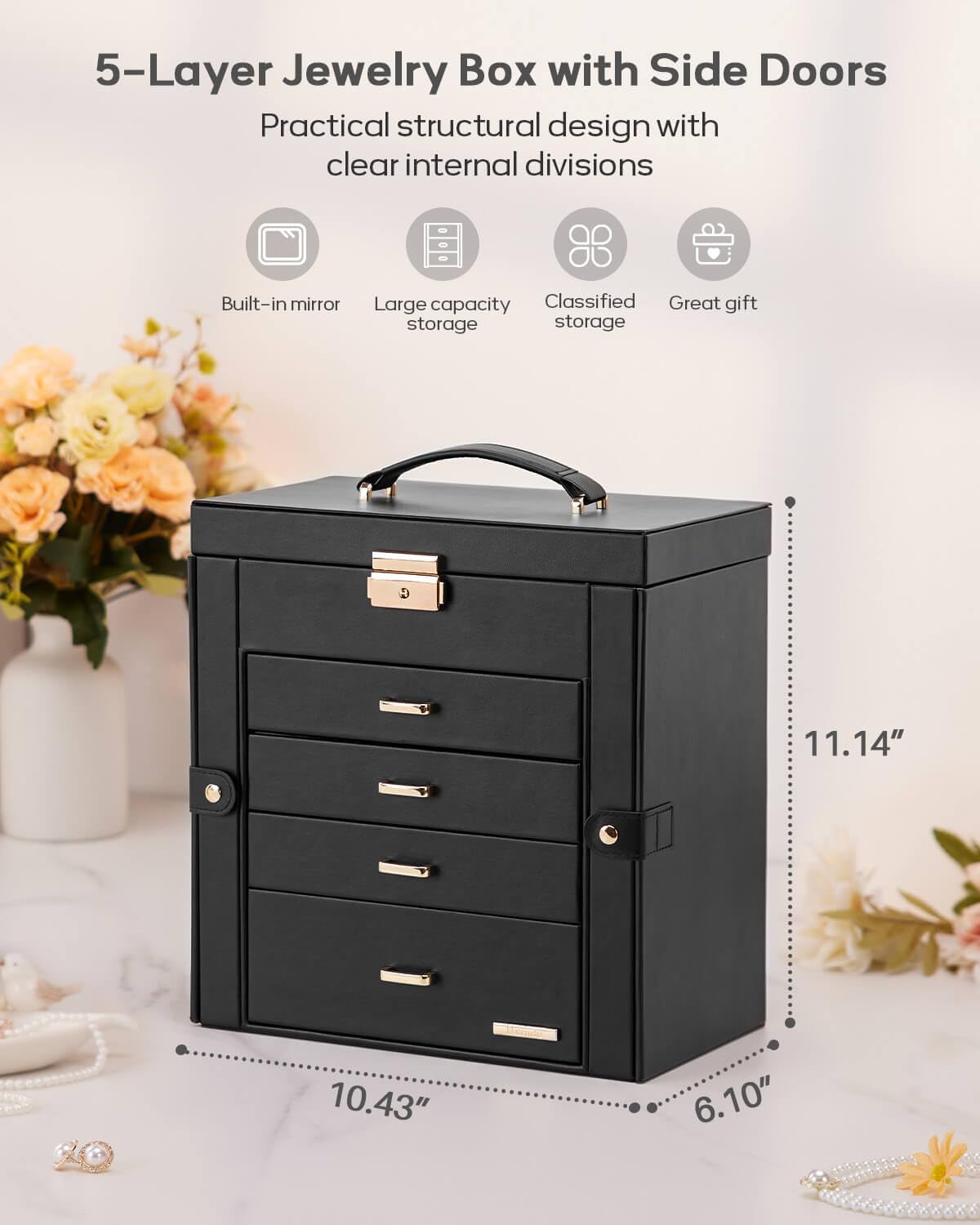 Synthetic Leather Huge Jewelry Box Mirrored Watch Organizer Necklace Ring Earring Storage Lockable