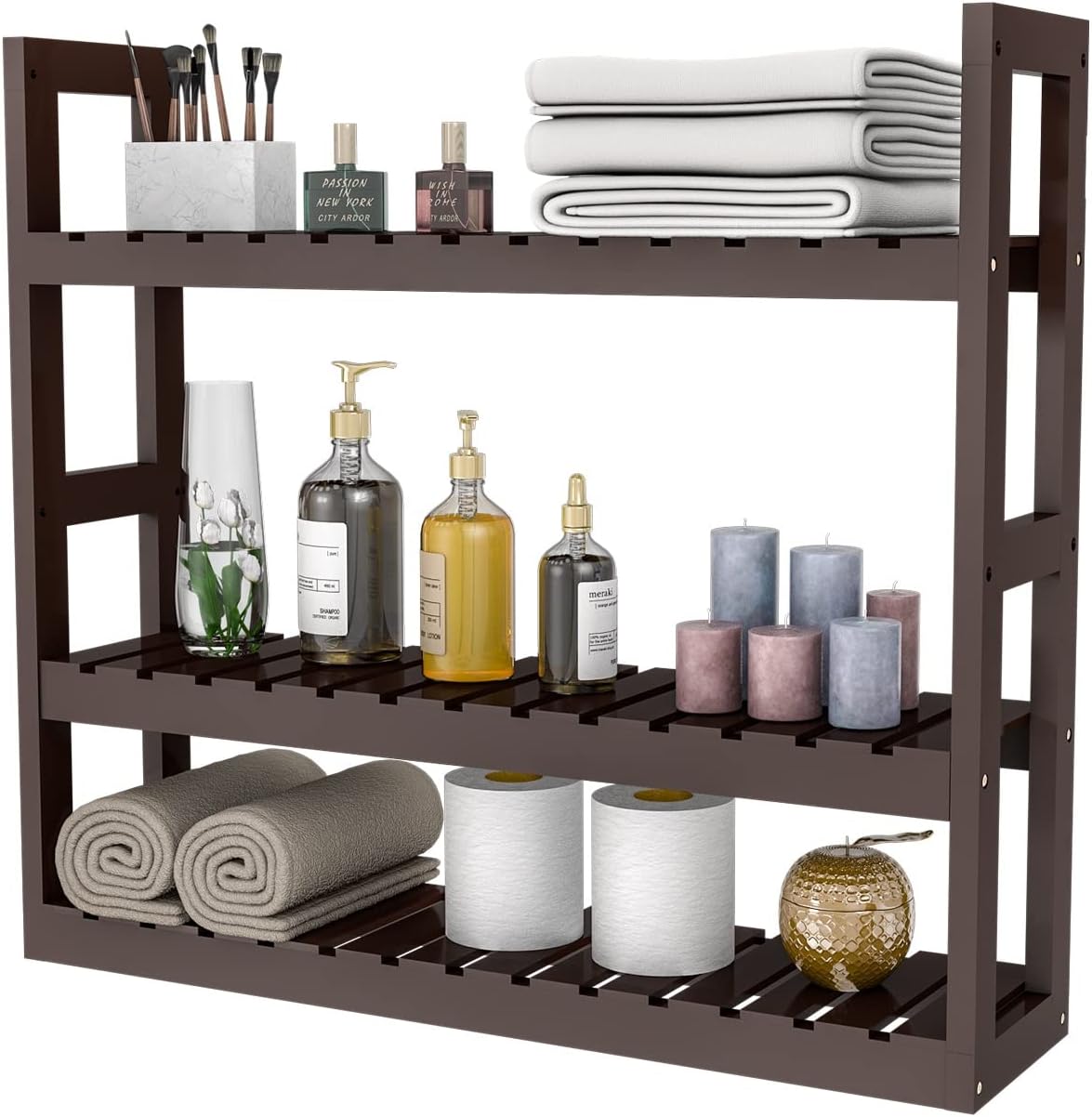 Bathroom Shelves Over Toilet Storage - 3 Tier Wall Mounted Bamboo Bathroom Shelf Organizer
