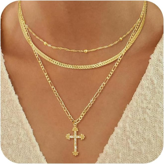 Women's Necklace - 14K Gold/Silver Plated Layered Chain With Cross, Coin & Pearl Pendants - Stackable Trendy Jewelry Gift For Her
