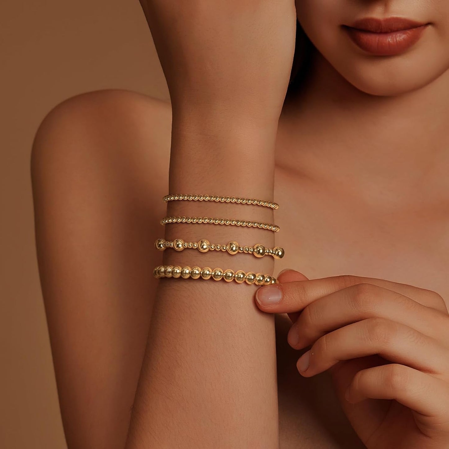 Gold Bracelets for Women 14K Gold Plated Cross Bracelet Strand Bead Ball Bracelets stack Set Chunky Chain Bracelet Trendy