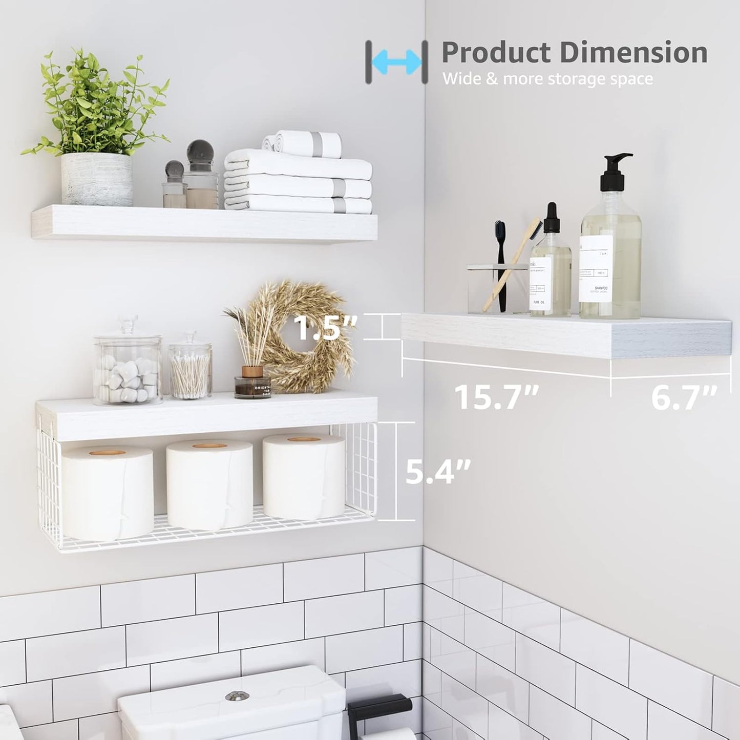 Bathroom Shelves Over Toilet - Wall Mounted Floating Shelves  16 inch Set of 3