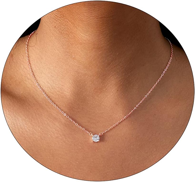 14K Gold Filled Heart Choker, Dainty Solitaire CZ Pendant Necklace, Adjustable Minimalist Jewelry for Her