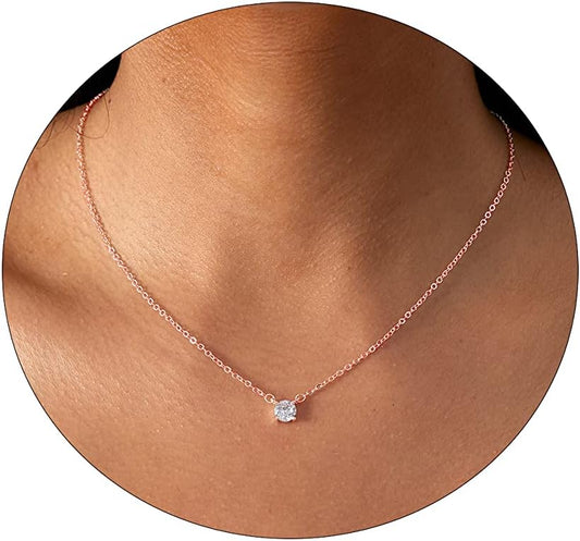 14K Gold Filled Heart Choker, Dainty Solitaire CZ Pendant Necklace, Adjustable Minimalist Jewelry for Her