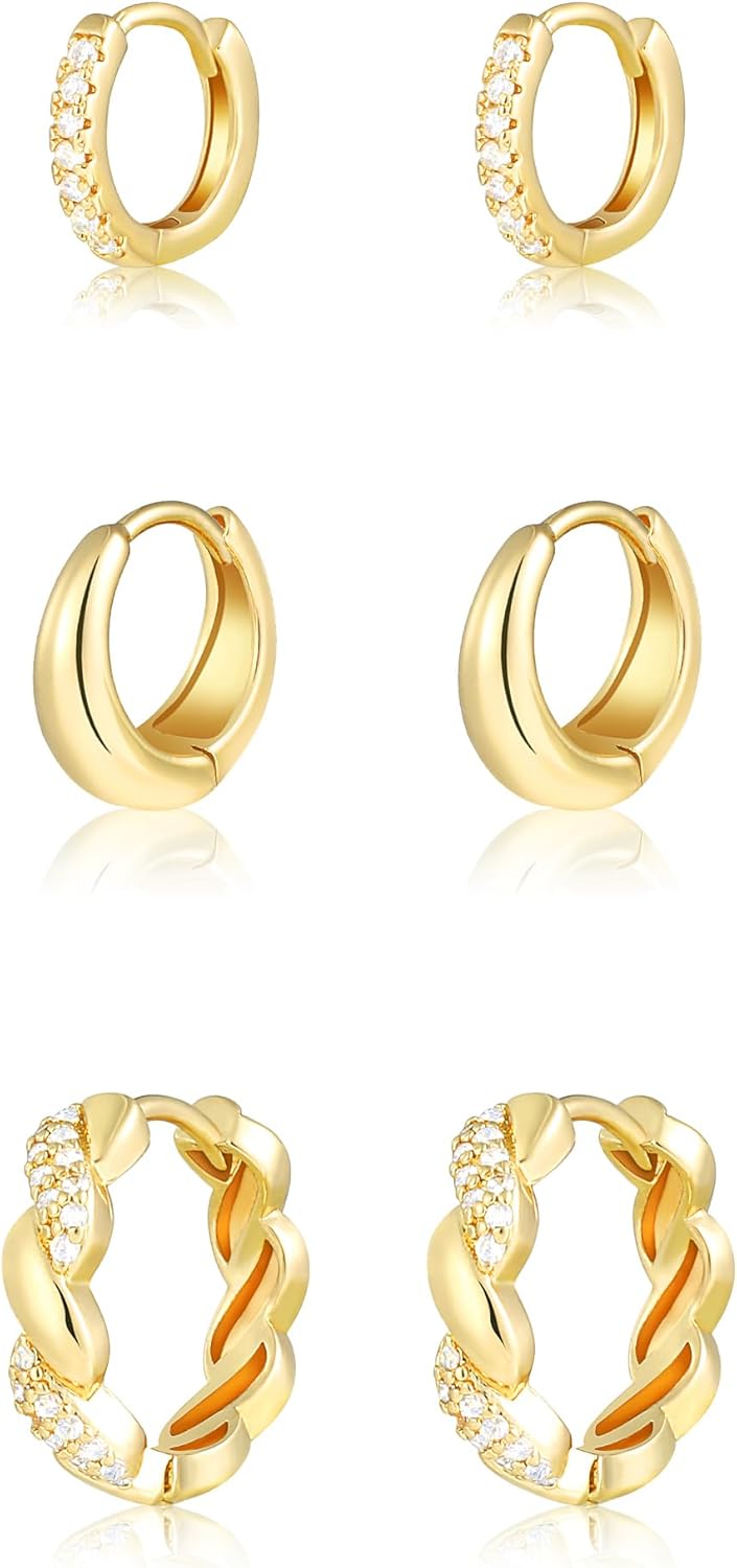 Gold Chunky Hoop Earrings Set for Women, 14K Gold Plated Twisted Huggie Hoop Earring, Thick Open Hoops Set Lightweight