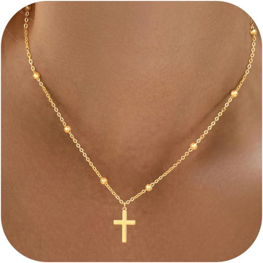Stackable Cross Pendant Necklace: 14K Gold Plated Simple Silver Charm Choker for Her, Women and Teens