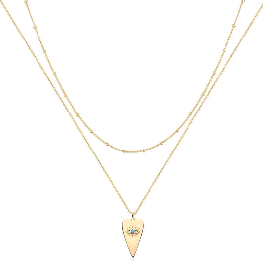 Layered Necklace with Heart & Arrow Pendant, 18k Gold Plated Dainty Choker for Women