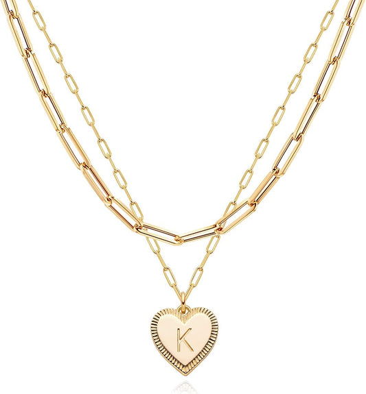 14K Gold Initial Layered Necklace - Paperclip Chain, Personalized Dainty Jewelry for Women