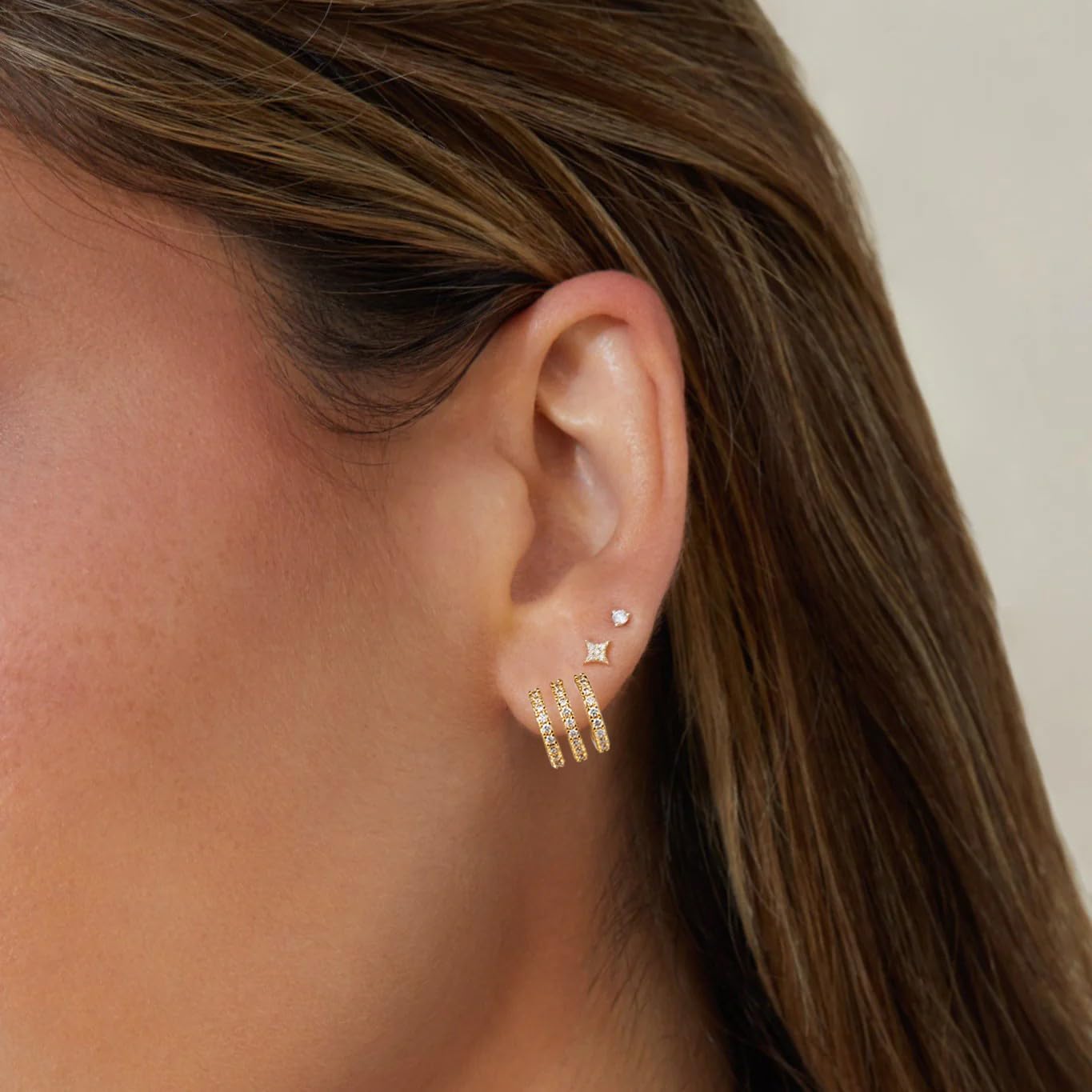 14K Gold Plated Triple Huggie Illusion Stud Earrings | Double Huggie Hoop Earrings for One Hole | Gold Hoop Earrings for Women