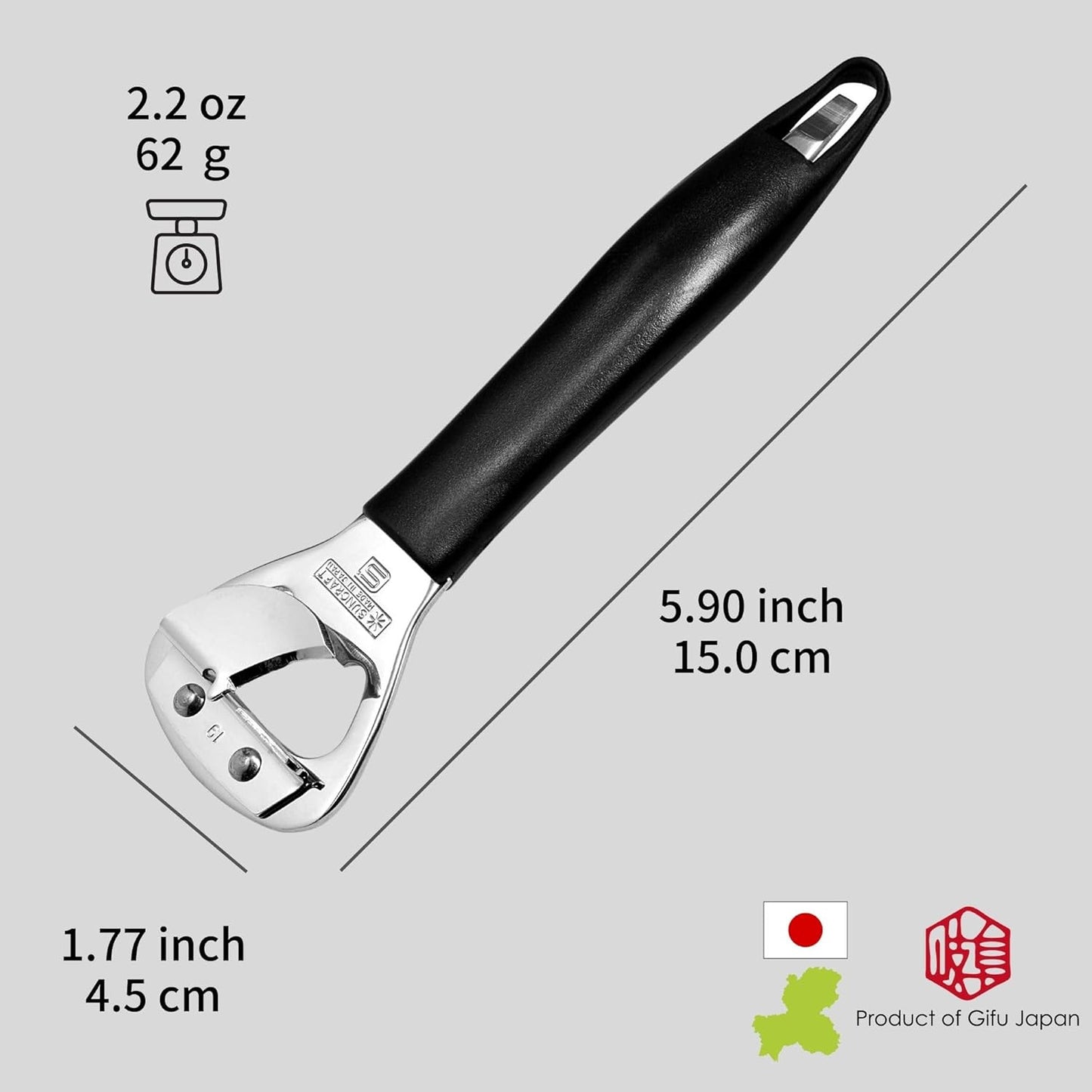 Heavy Duty Stainless Steel Bottle Opener, 5.9" Black Plastic Handle for Right-handed, Seki Japan