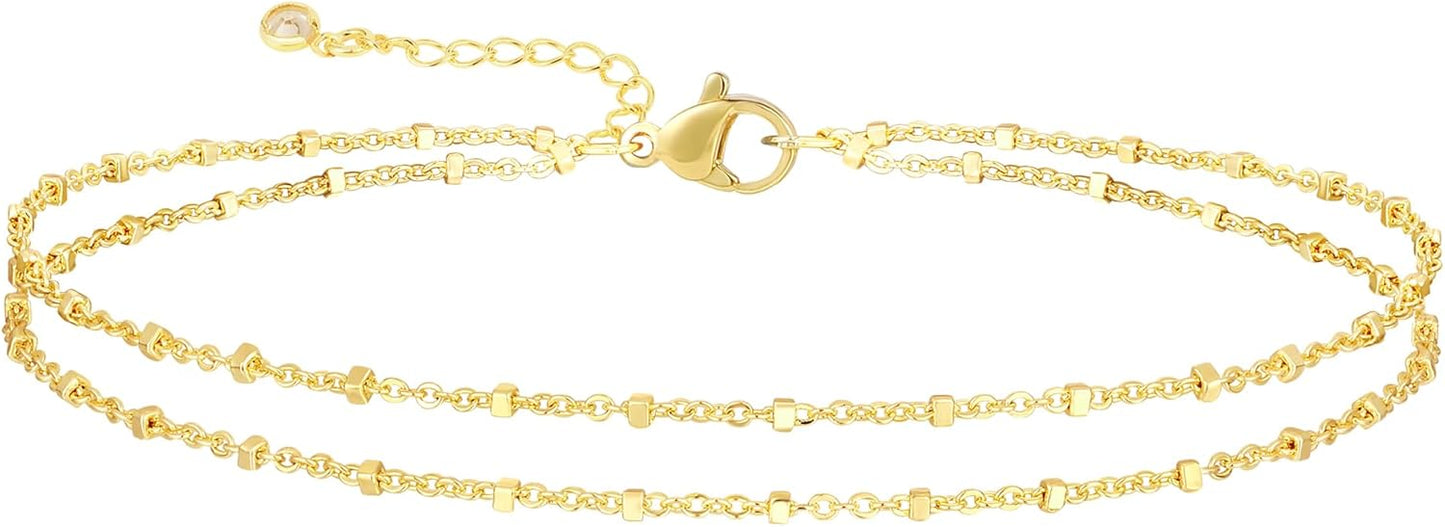 Gold/Silver Ankle Bracelets for Women,  Cuban Link Heart Beads Anklets Set Layered Anklet