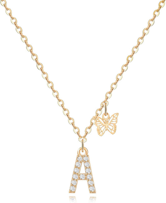 Dainty Initial Necklace Butterfly Pendant Necklace, 14K Gold Plated Cubic Zirconia Letter Dainty Necklaces Jewelry Birthday Gifts for Women