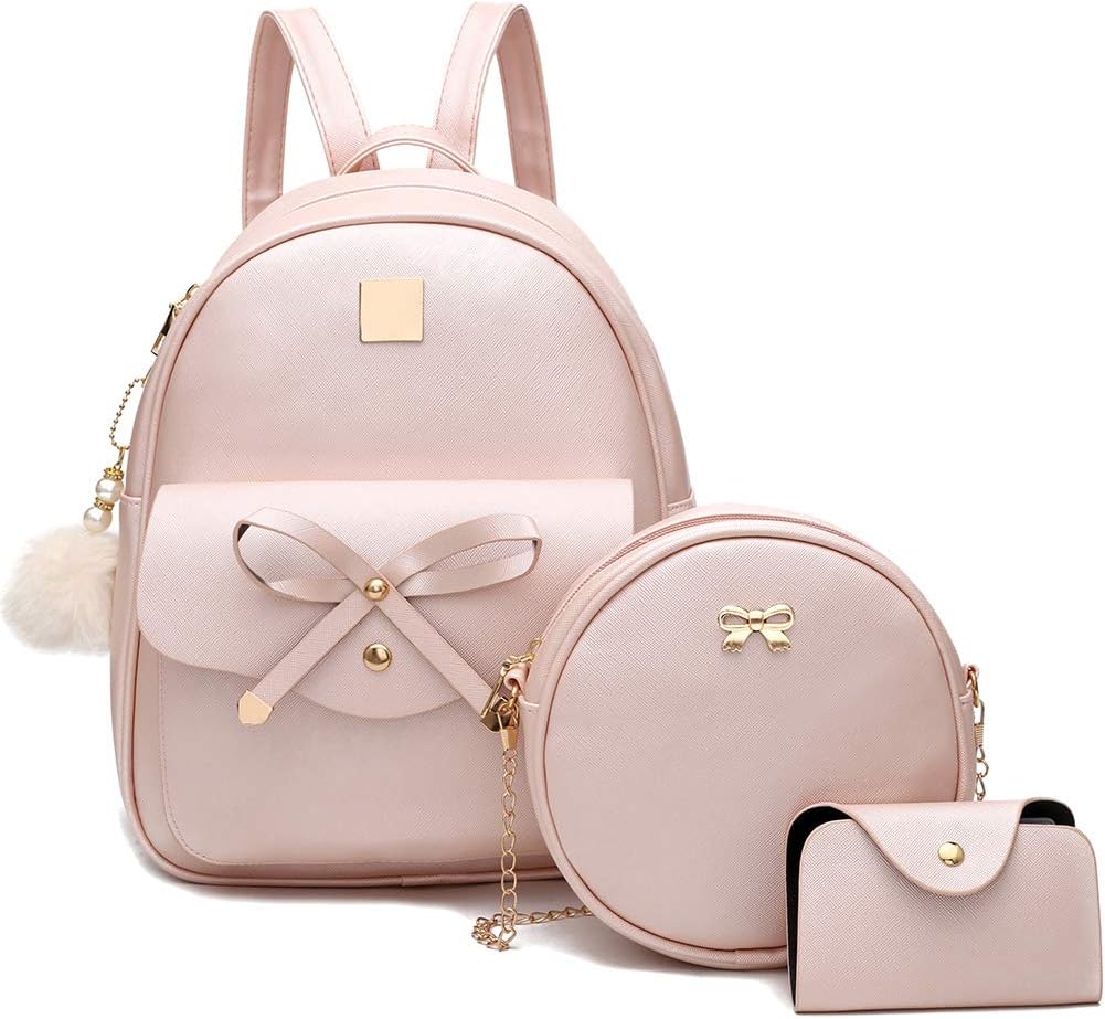 3-Pieces Girls Bowknot Fahsion Leather Backpack Backpack Purse for Women Rucksack