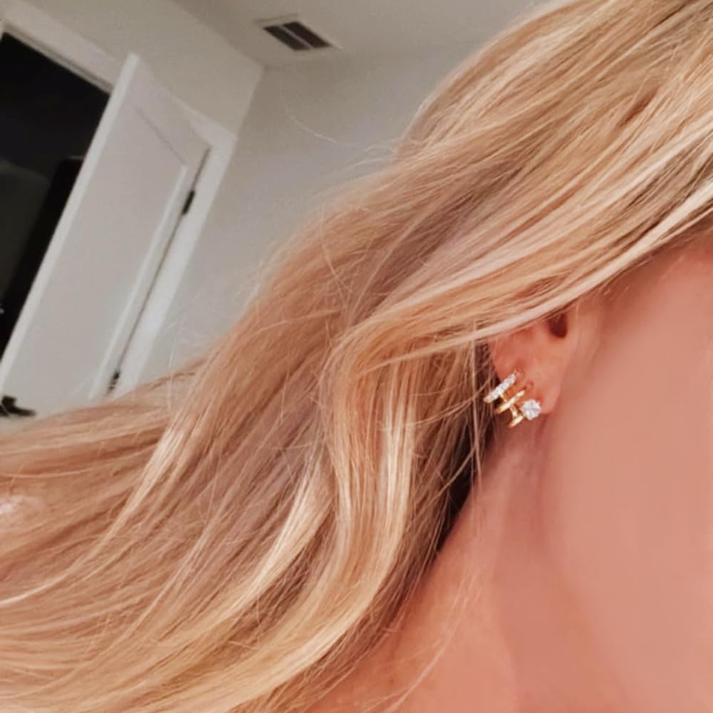 14K Gold Plated Triple Huggie Illusion Stud Earrings | Double Huggie Hoop Earrings for One Hole | Gold Hoop Earrings for Women