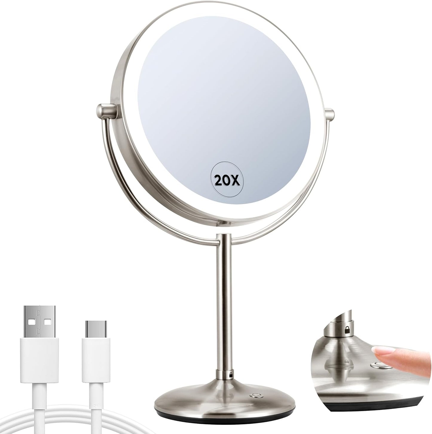 9" Lighted Makeup Mirror, 1X/20X Rechargeable Magnifying Mirror with 3 Color Dimmable Lights